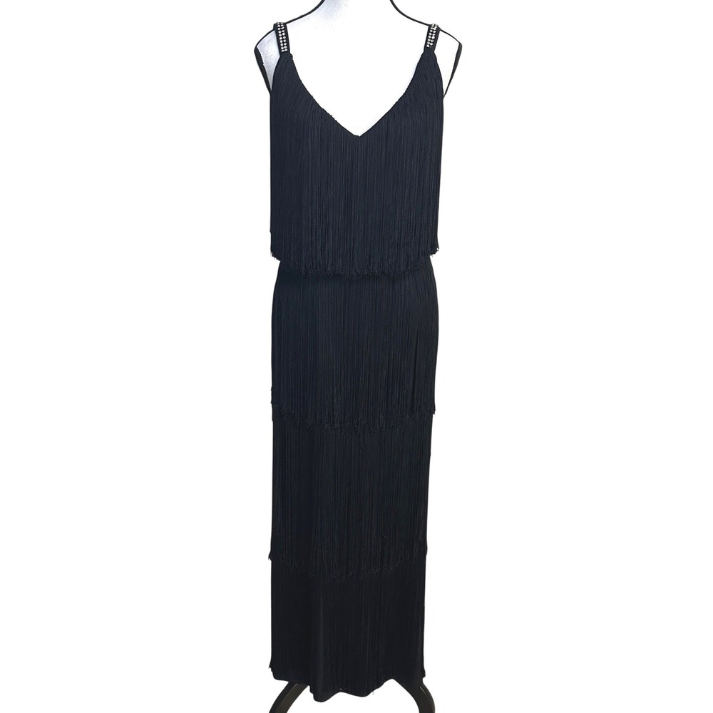 VTG Lilli Diamond Tiered Fringe Maxi Dress S - M Black Rhinestone Strap Glam 60s